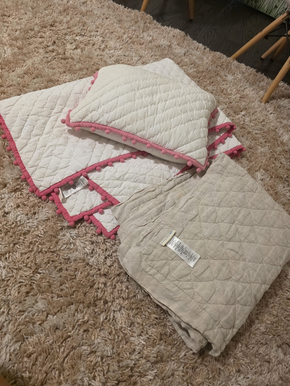 Pottery Barn Kids White Quilted Throw and Pillow Set with Pink Pom Trim
